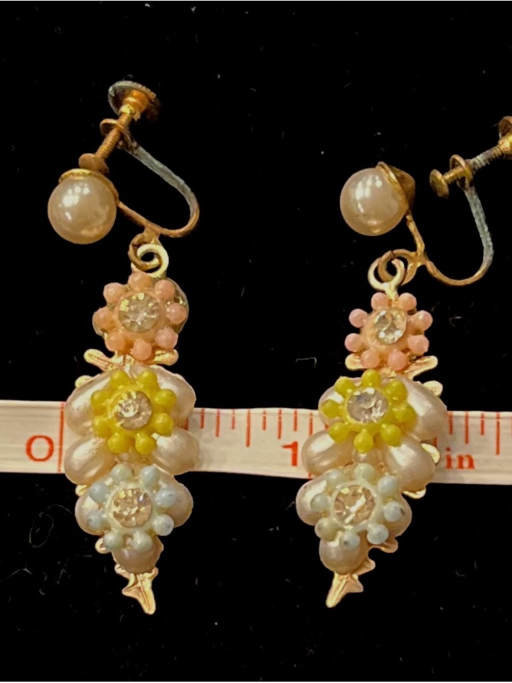 Vintage Pastel Floral Drop Earrings with Faux Pearl Tops